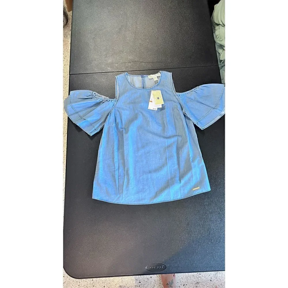 Michael Kors Women's Keyhole Back Short Sleeve Top Blue Sz Petites P/S NWT P1-87